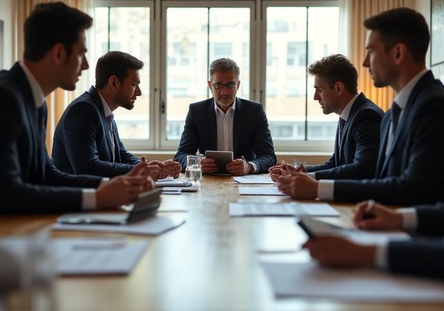 Team collaborating over a large boardroom table with strategic charts